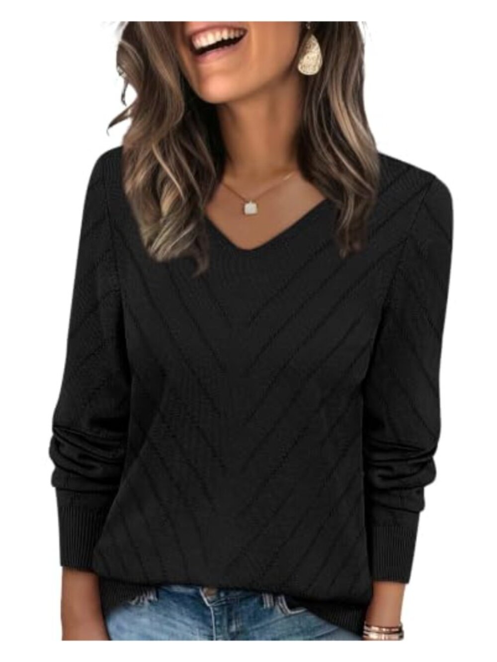 Long Sleeve V Neck Openwork Knit Sweater Pullover Fall Casual